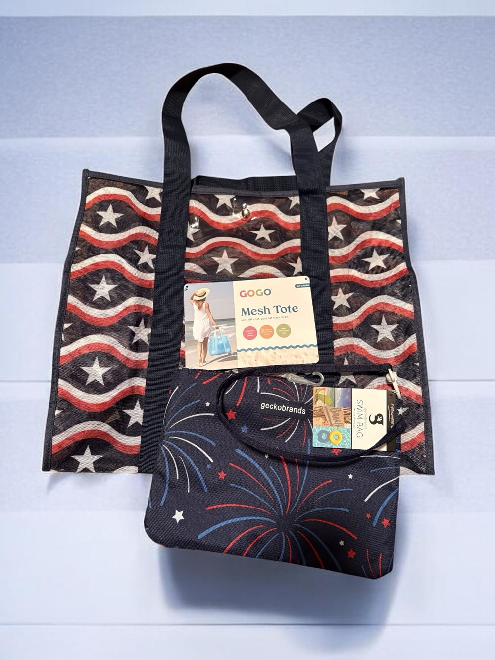 geckobrands GOGO Mesh Tote and Swim Bag Set - Americana Stars and Fireworks